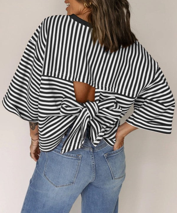 Black Striped Bow Back Top