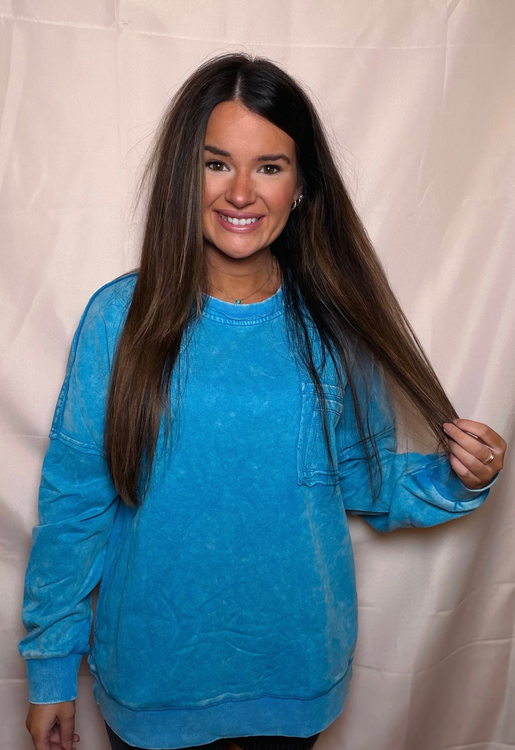 Ocean Blue Mineral Wash Oversized Pullover