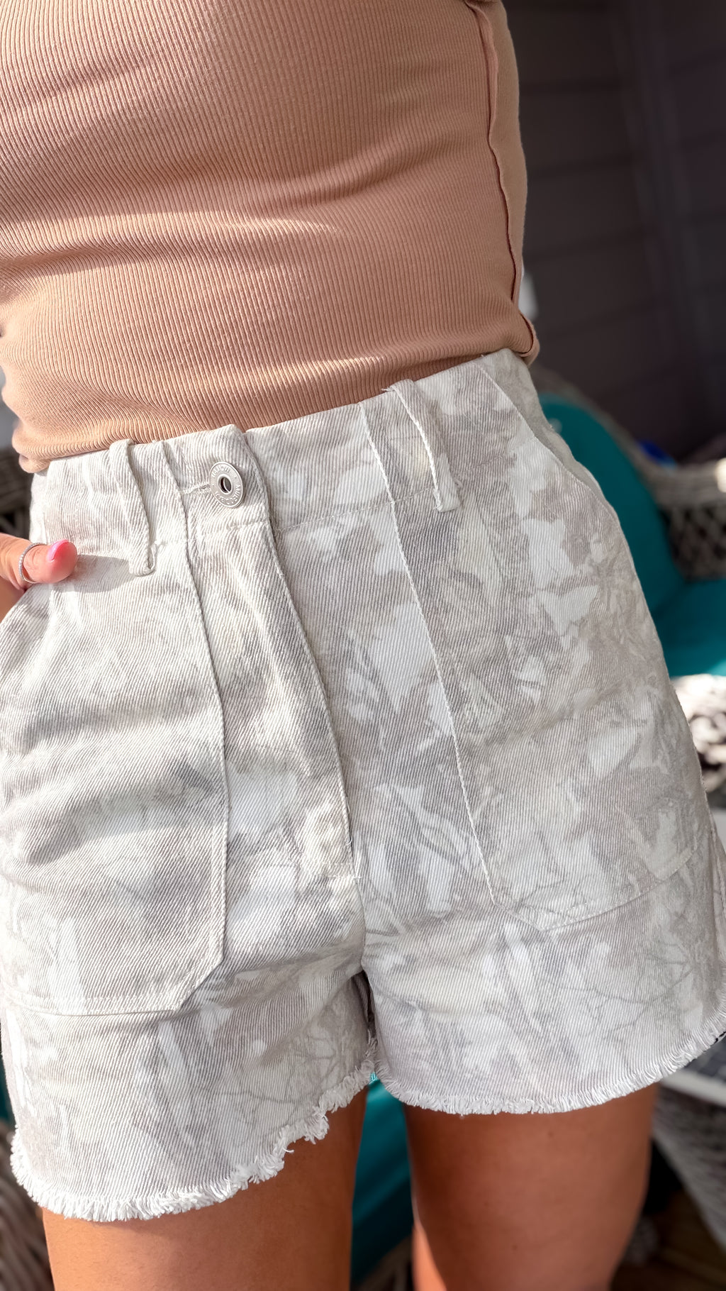 Backwoods High Rise Denim Camo Shorts