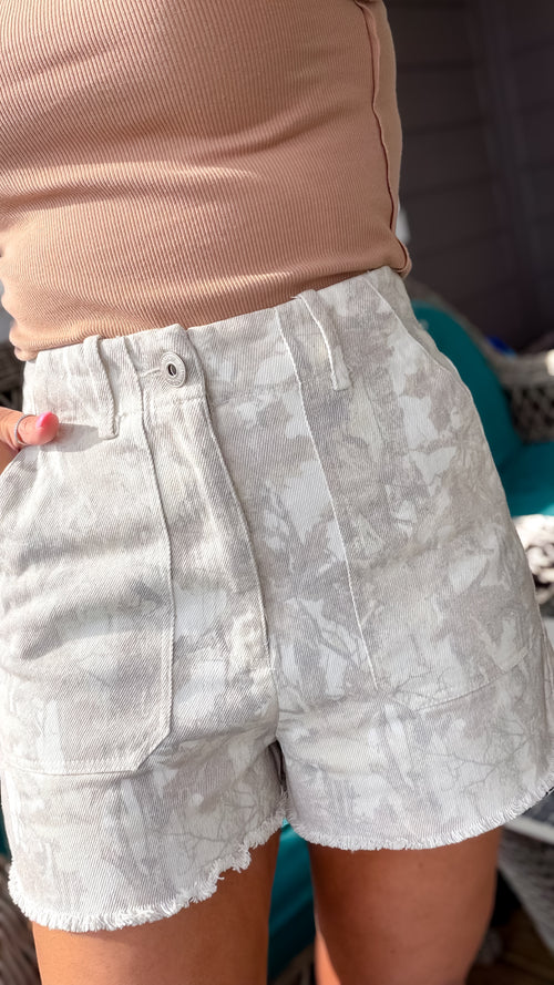 Backwoods High Rise Denim Camo Shorts