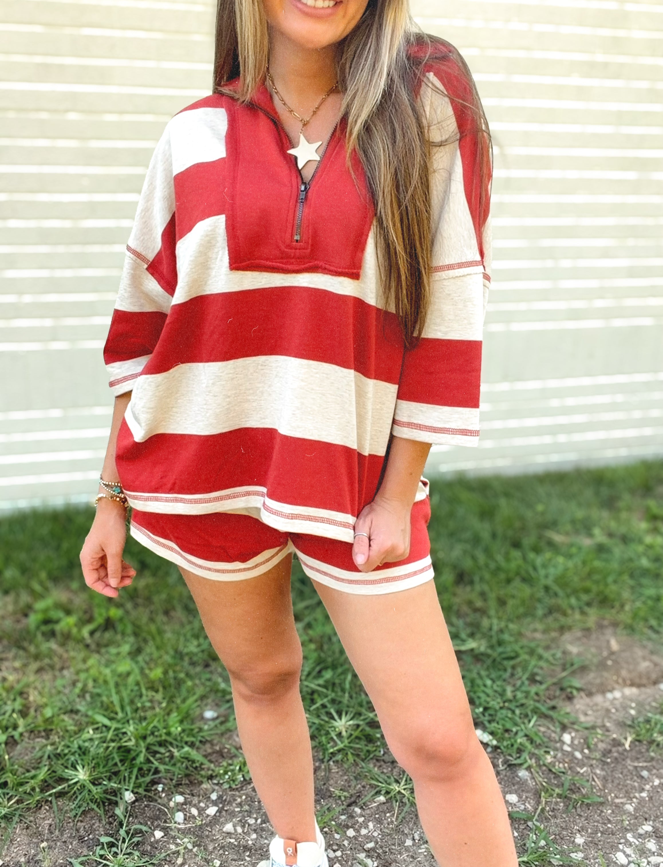 RUST FRENCH TERRY STRIPED TOP & SHORTS SET