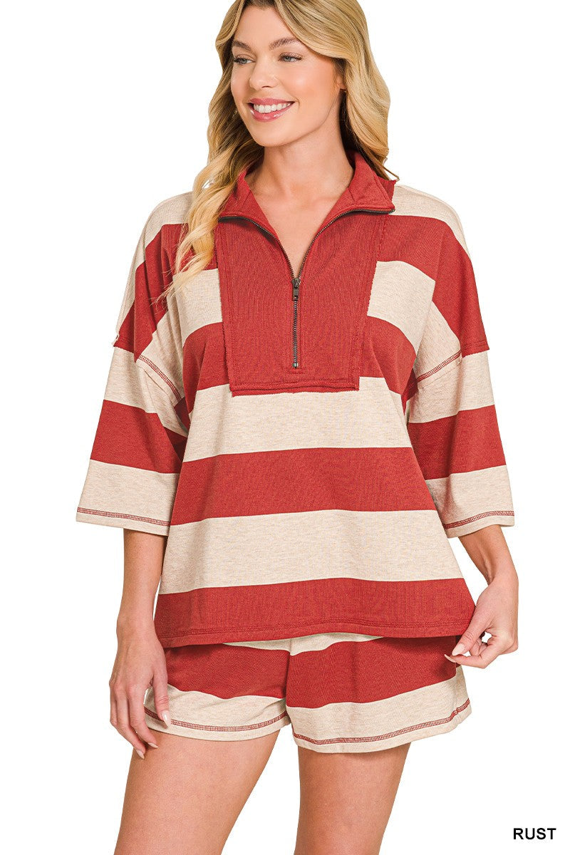 RUST FRENCH TERRY STRIPED TOP & SHORTS SET